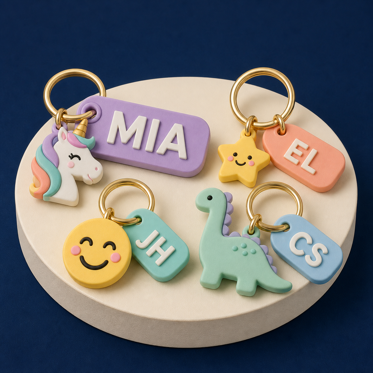 Pastel personalized keychains with names, unicorns, dinosaurs and emoji charms